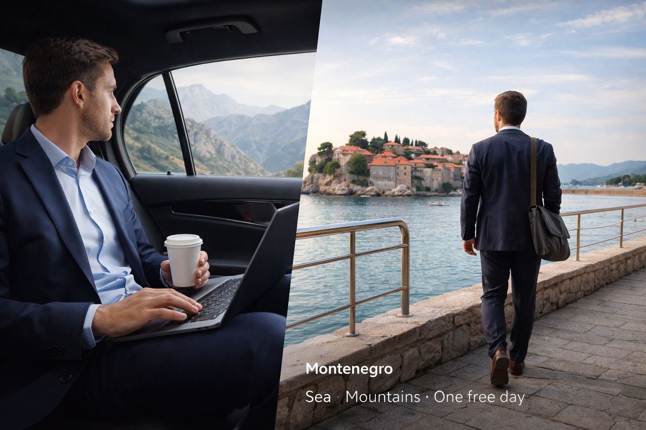 Business traveler enjoying a smooth one-day sea or mountain escape in Montenegro